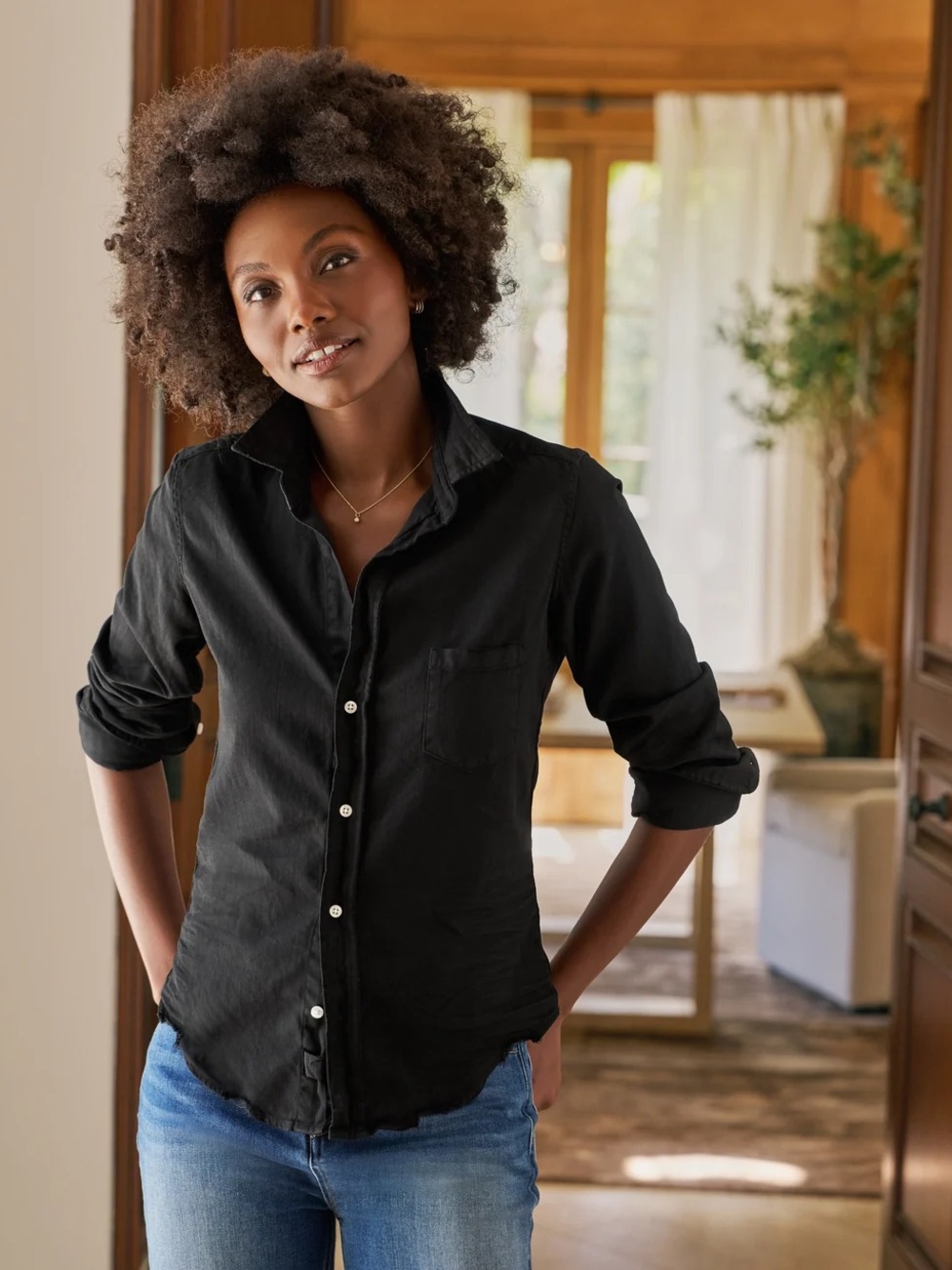 Frank & Eileen Barry Tailored Button Up Shirt Black 100% Cotton